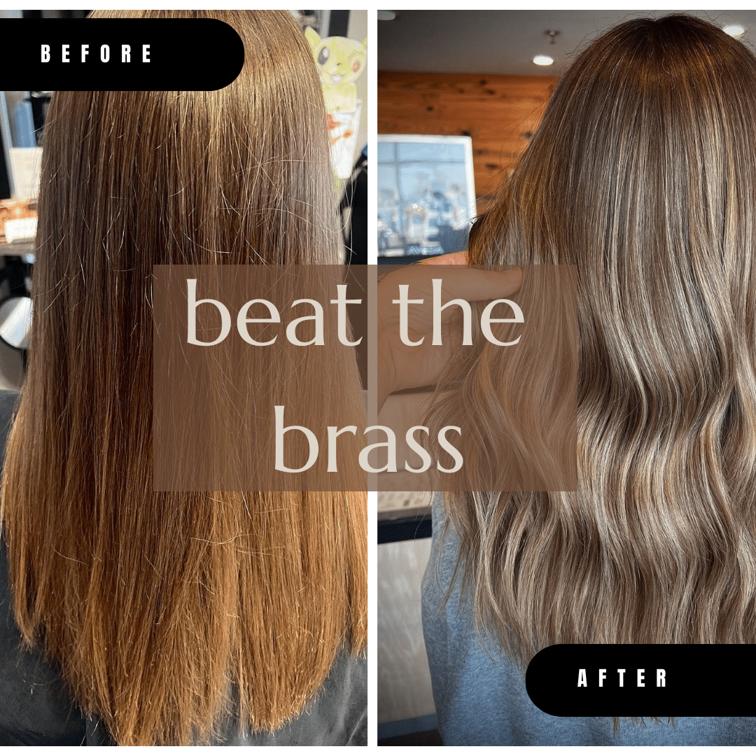 side-by-side image of brassy hair before and after a color service and toning treatment at Daybreak Salon in Woodhaven Michigan